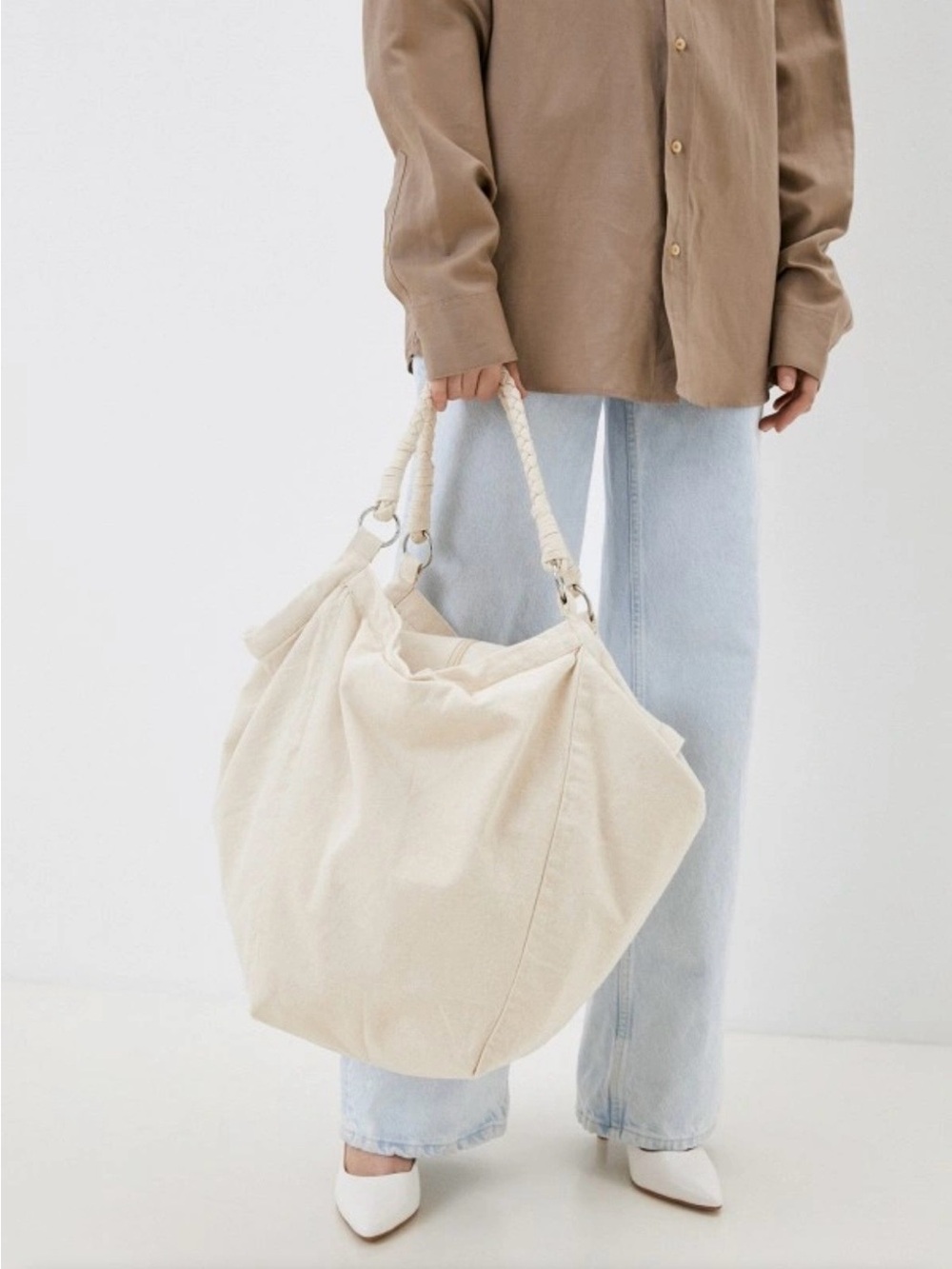 United Colors of Benetton Cream Canvas Tote Bag with Braided Handles